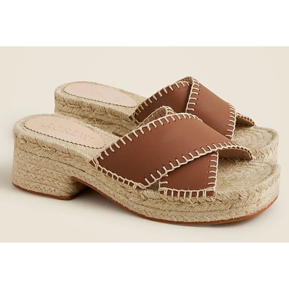J. Crew Made-in-Spain Block‎ Heel Espadrilles Leather Brown 10 Summer 2025 $228